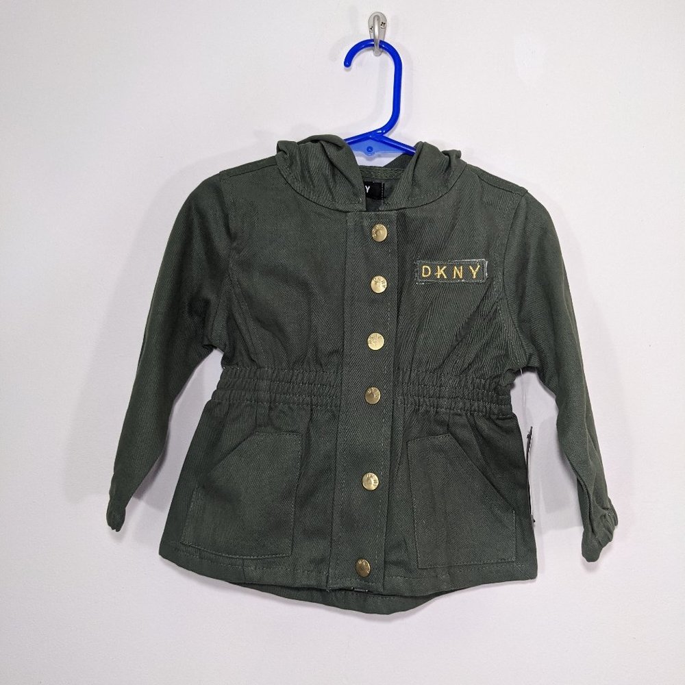 DKNY Little Girls Size 18 m Army Green Snap Zip Up Jacket with Hood